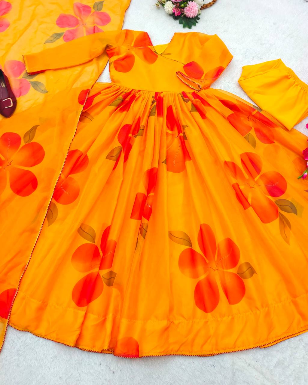 Gorgeous Organza Silk Mustard Color Digital Print Gown