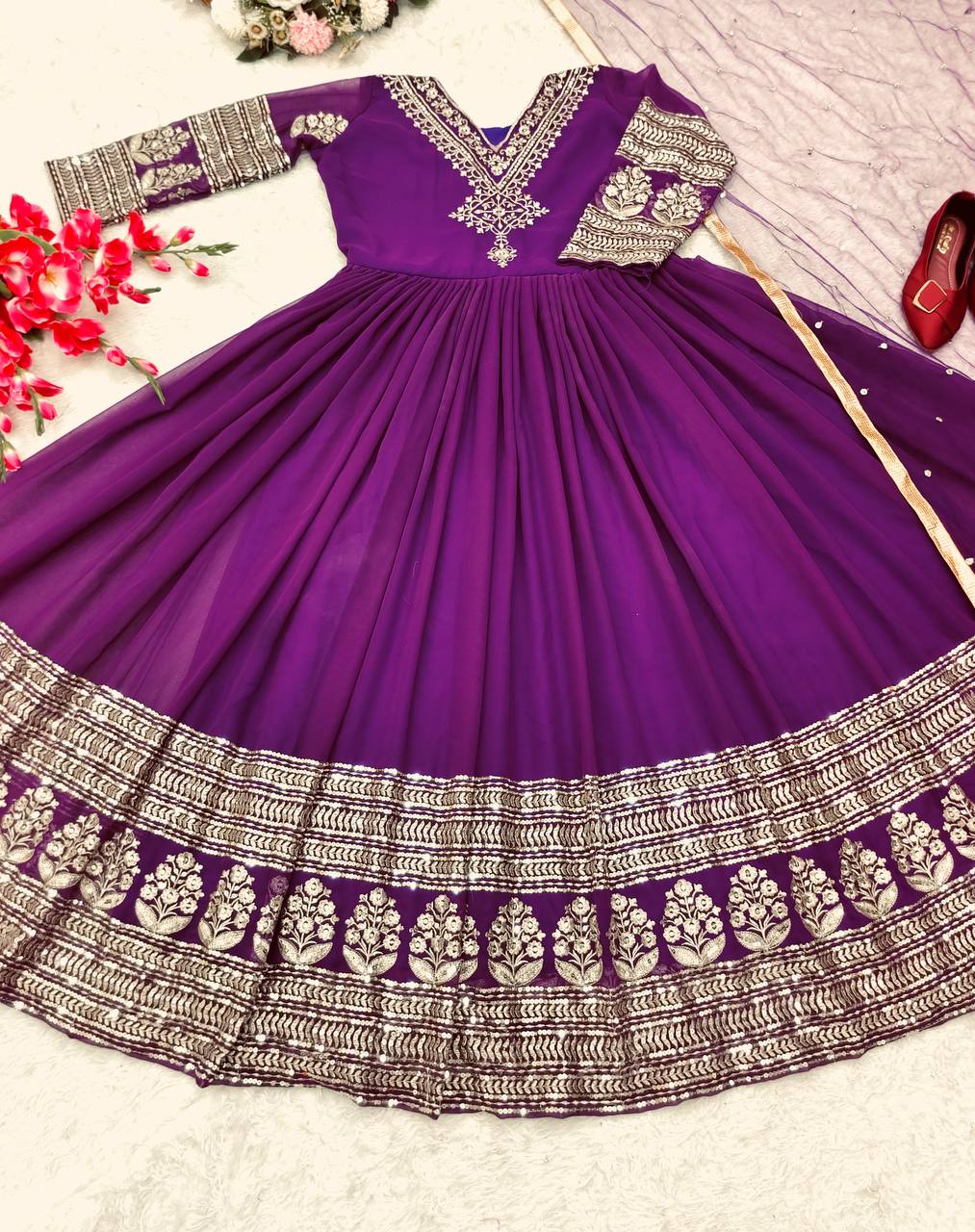 Attractive Purple Color Sequence Embroidery Work Gown