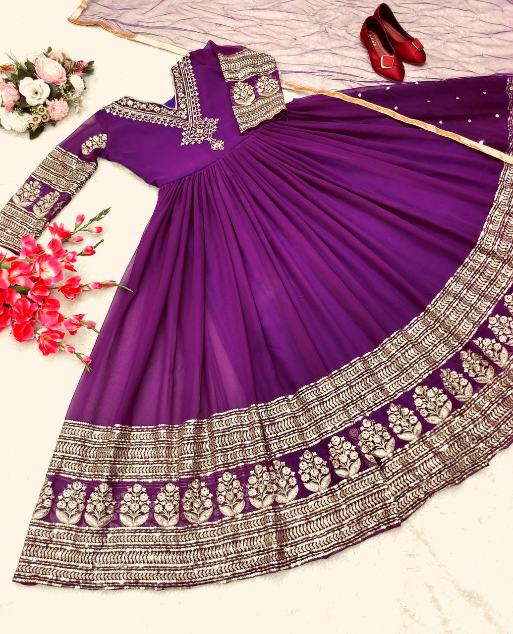Attractive Purple Color Sequence Embroidery Work Gown