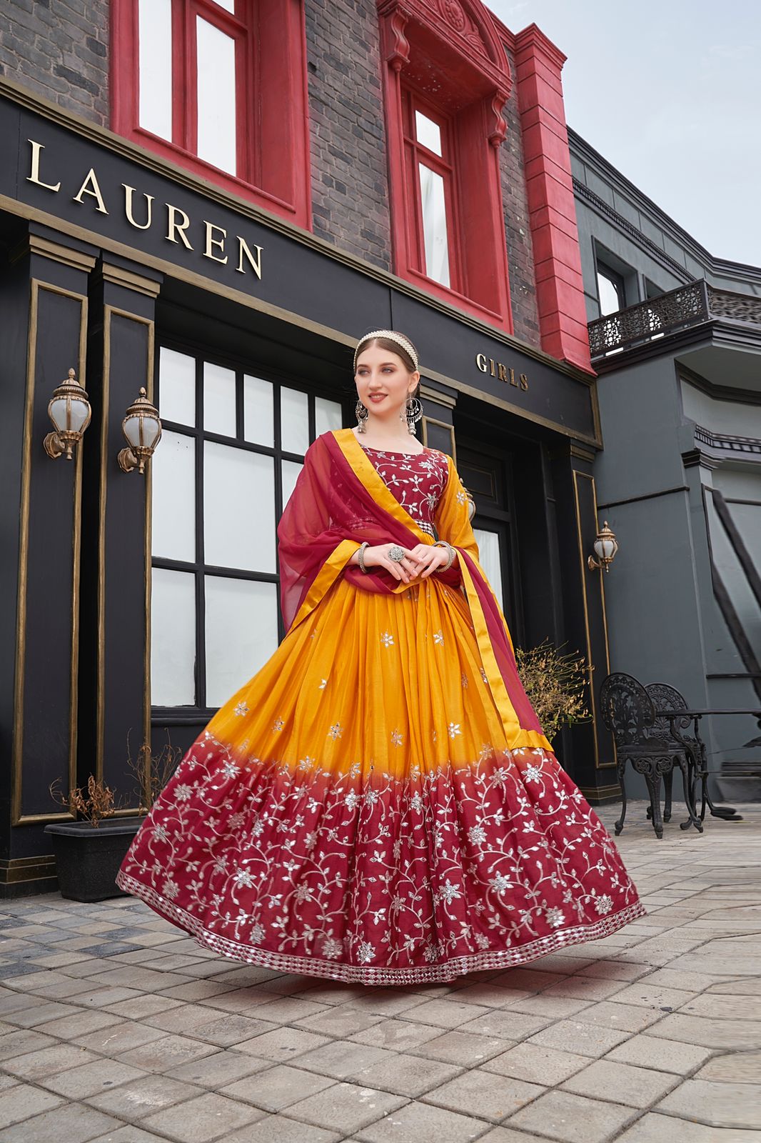 Red And Mustard Color Sequence Work Designer Gown