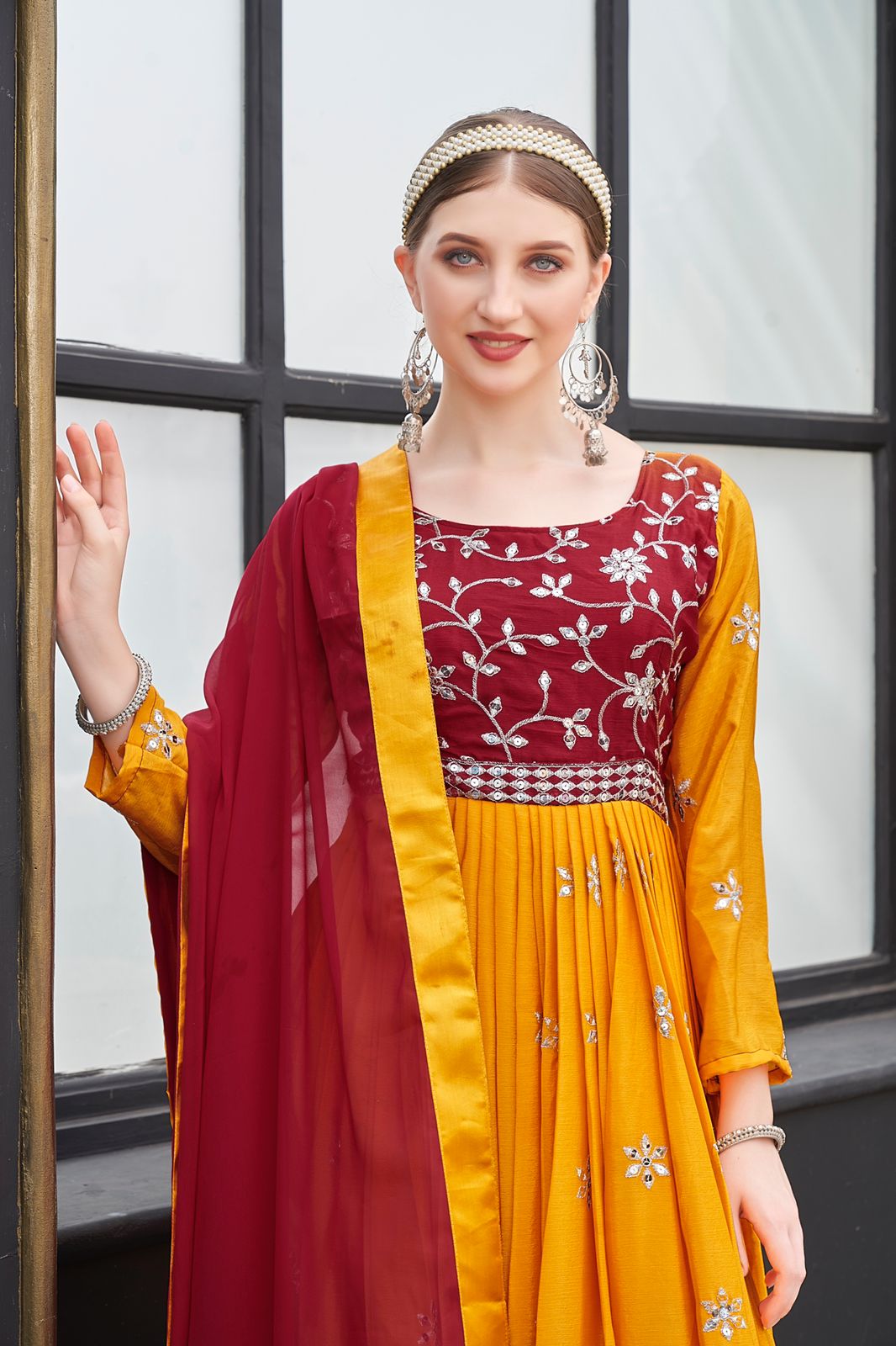 Red And Mustard Color Sequence Work Designer Gown