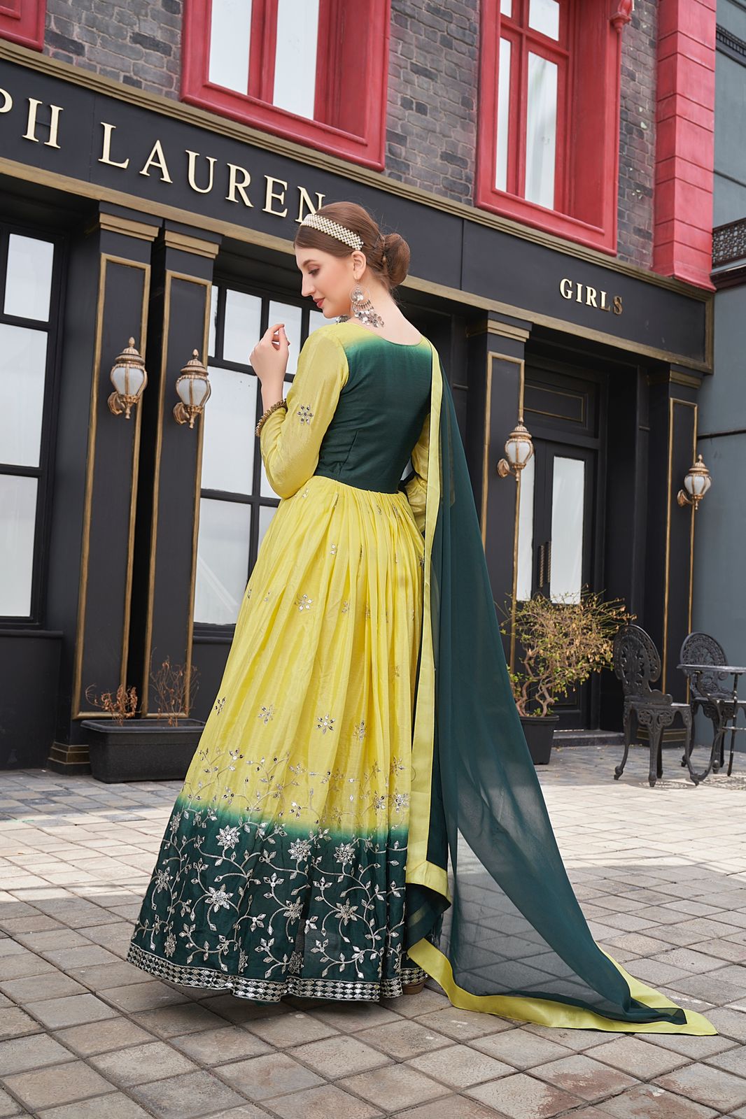 Yellow And Green Color Sequence Work Designer Gown