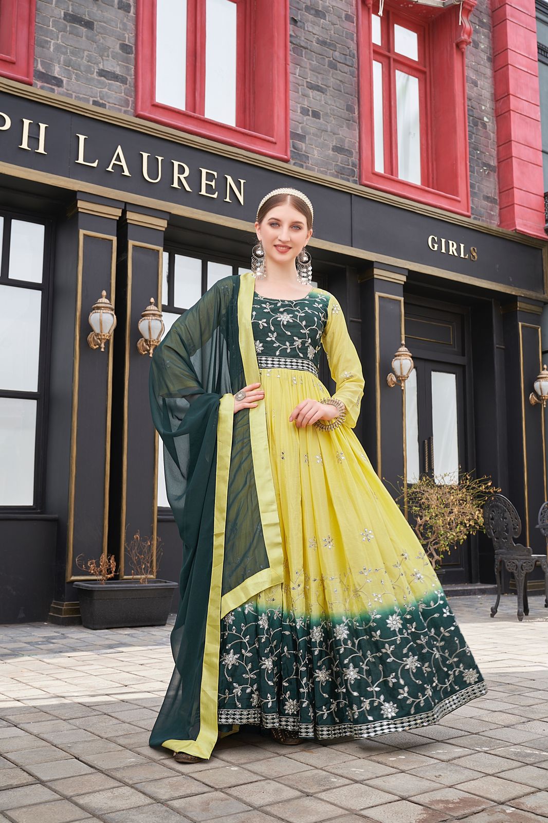 Yellow And Green Color Sequence Work Designer Gown